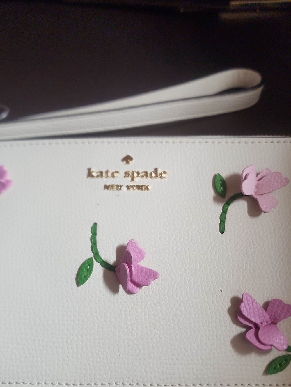 Kate Spade Medium L Zip cream Leather wristlet with pink floral appliqués Nwt - Picture 2 of 6